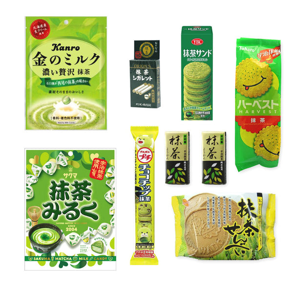 Matcha Flavor 9 Packs Assortment 【A】 Set (cookies, candies, chips, sweet bean past jellys and marshmallows)